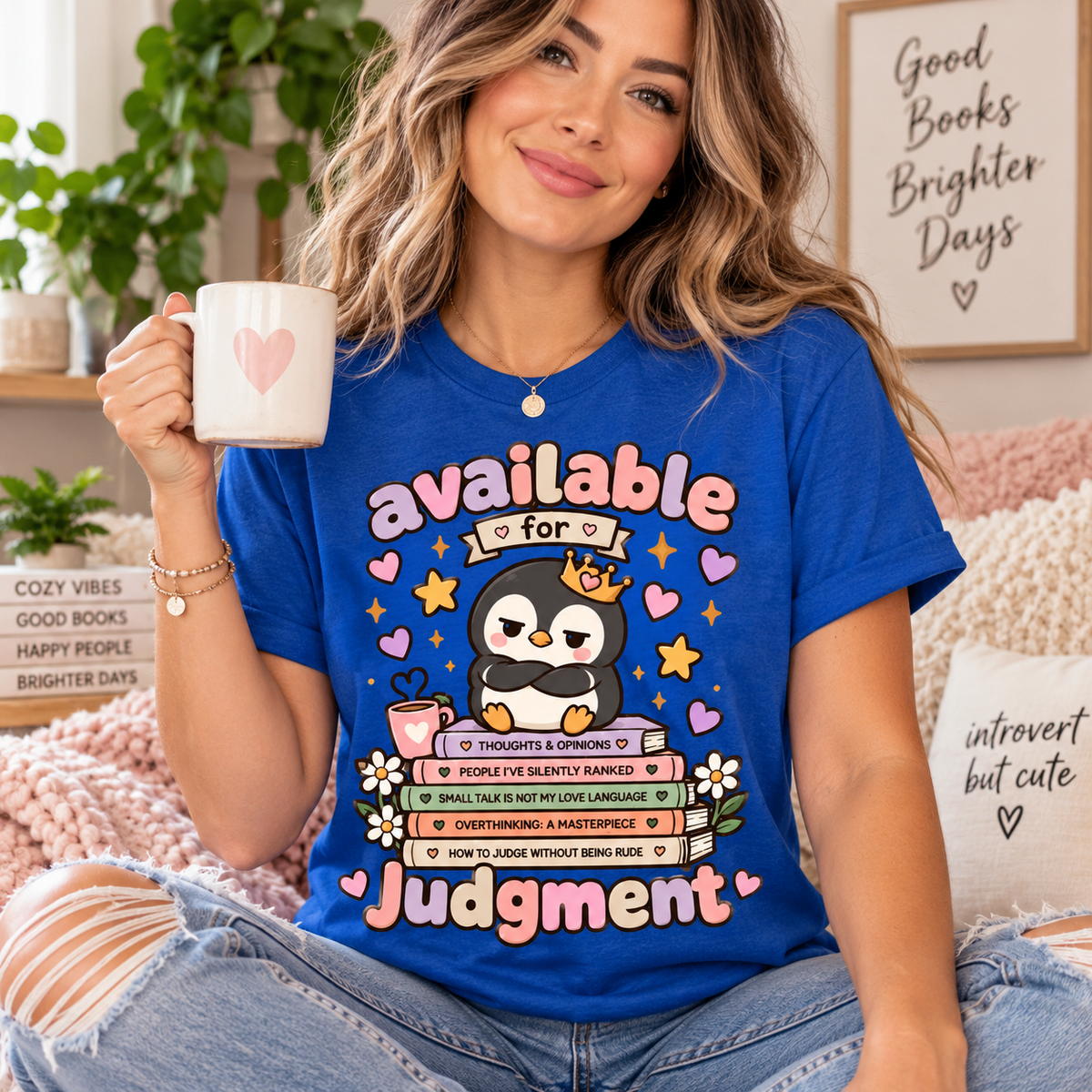 A woman wearing a true royal Available for Judgement cute animal graphic t-shirt.