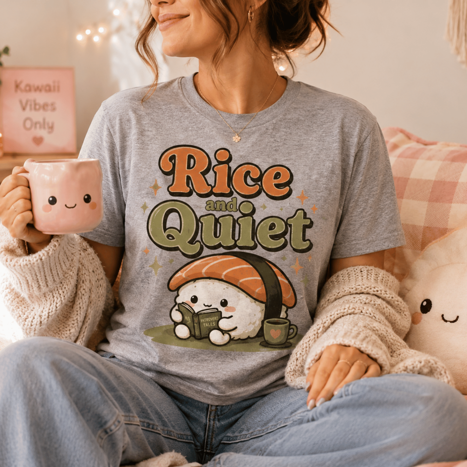 Woman wearing Rice And Quiet graphic t-shirt in athletic heather sitting on couch drinking coffee.