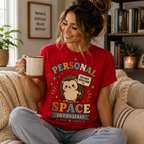 A woman wearing a red Personal Space Enthusiast cute animal graphic t-shirt drinking coffee.