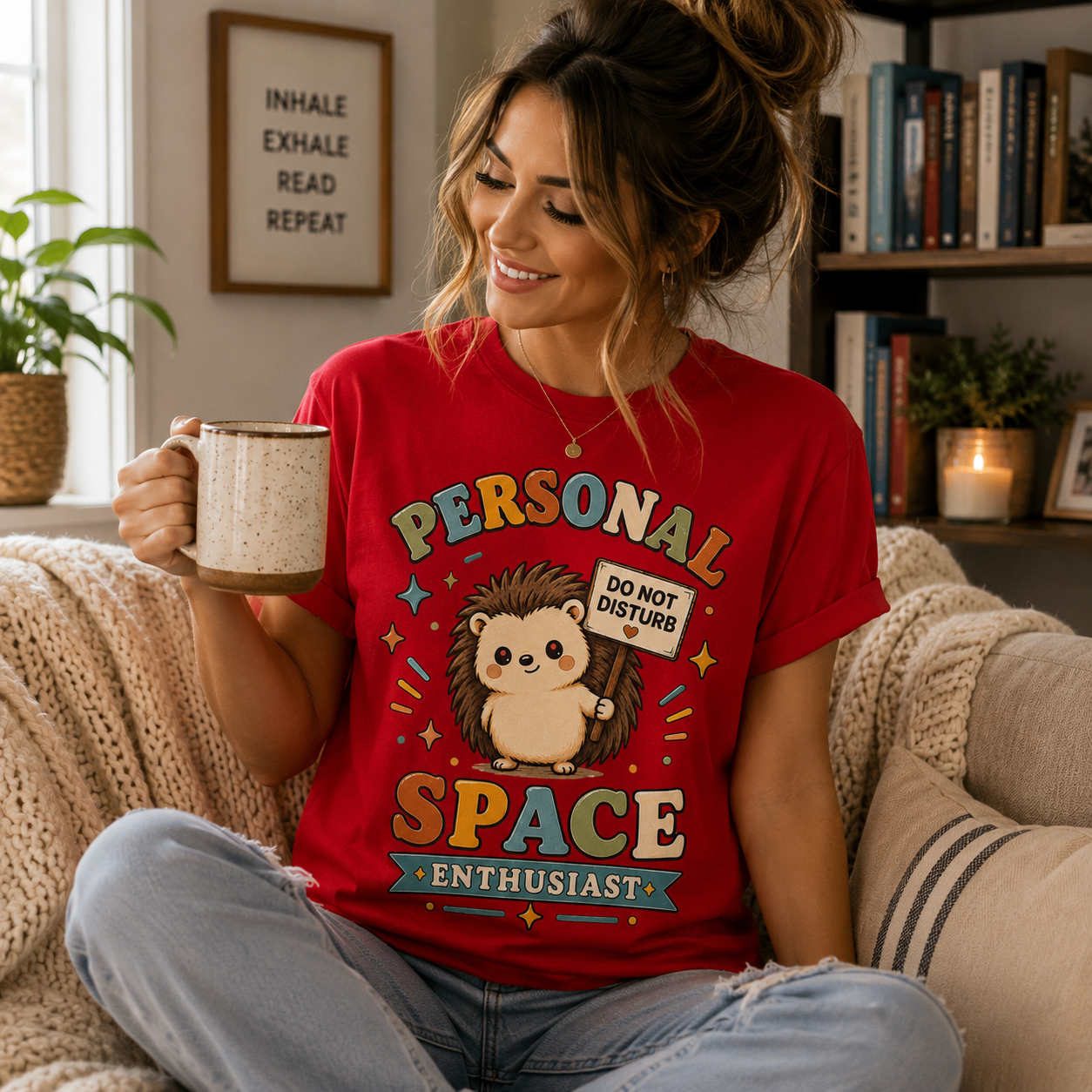 A woman wearing a red Personal Space Enthusiast cute animal graphic t-shirt drinking coffee.