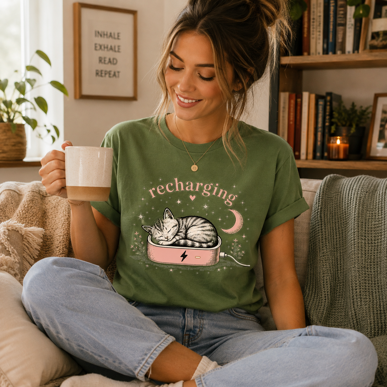 A woman wearing a leaf Recharging Cat cute animal graphic t-shirt drinking coffee.