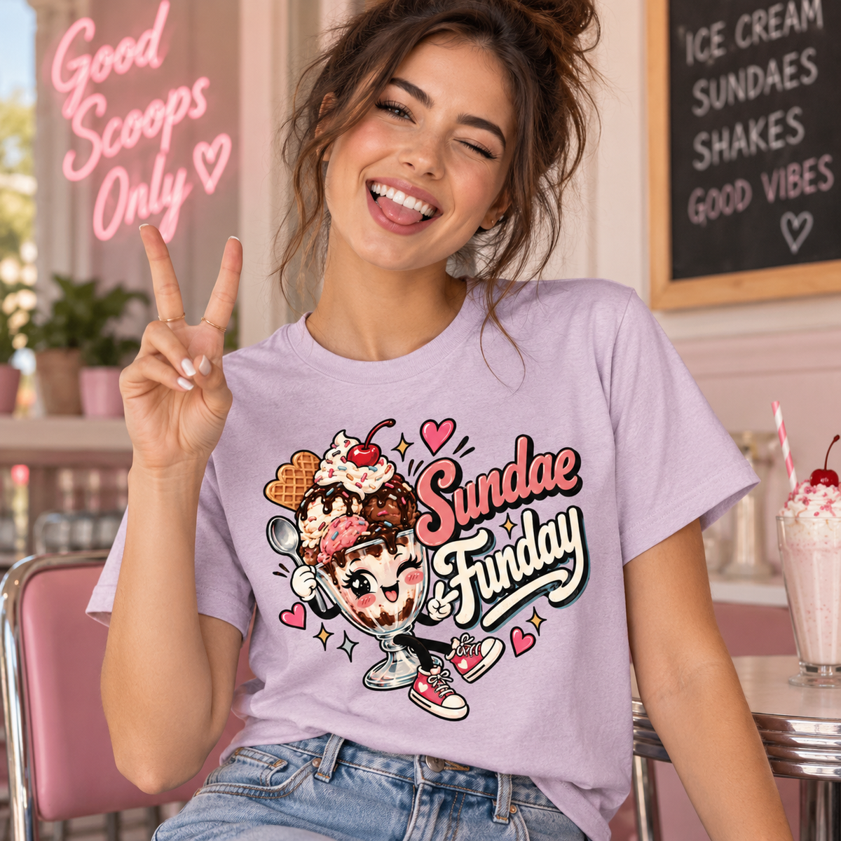 A woman wearing a lilac Sundae Funday retro food graphic t-shirt.