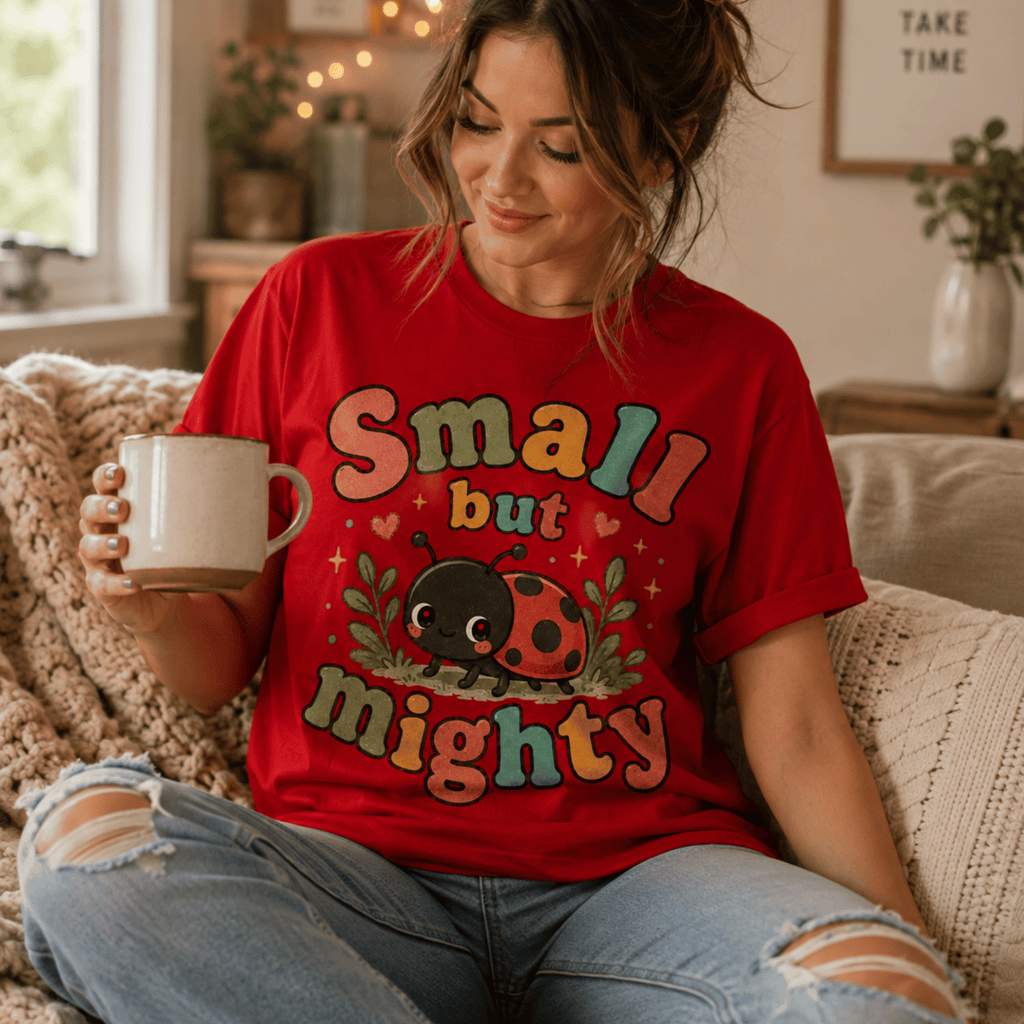 A woman wearing a red Small But Mighty cute animal graphic t-shirt drinking coffee.