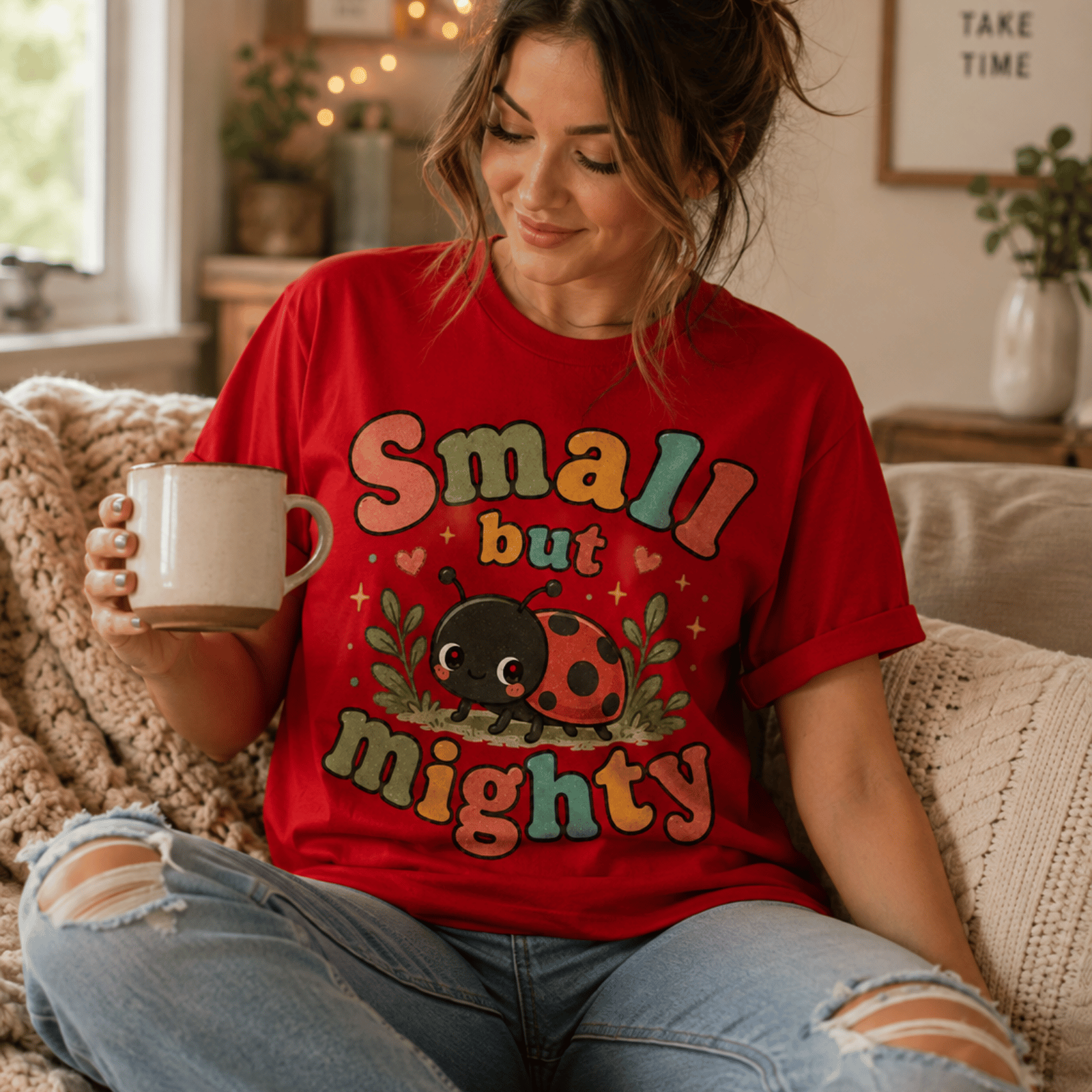 A woman wearing a red Small But Mighty cute animal graphic t-shirt drinking coffee.