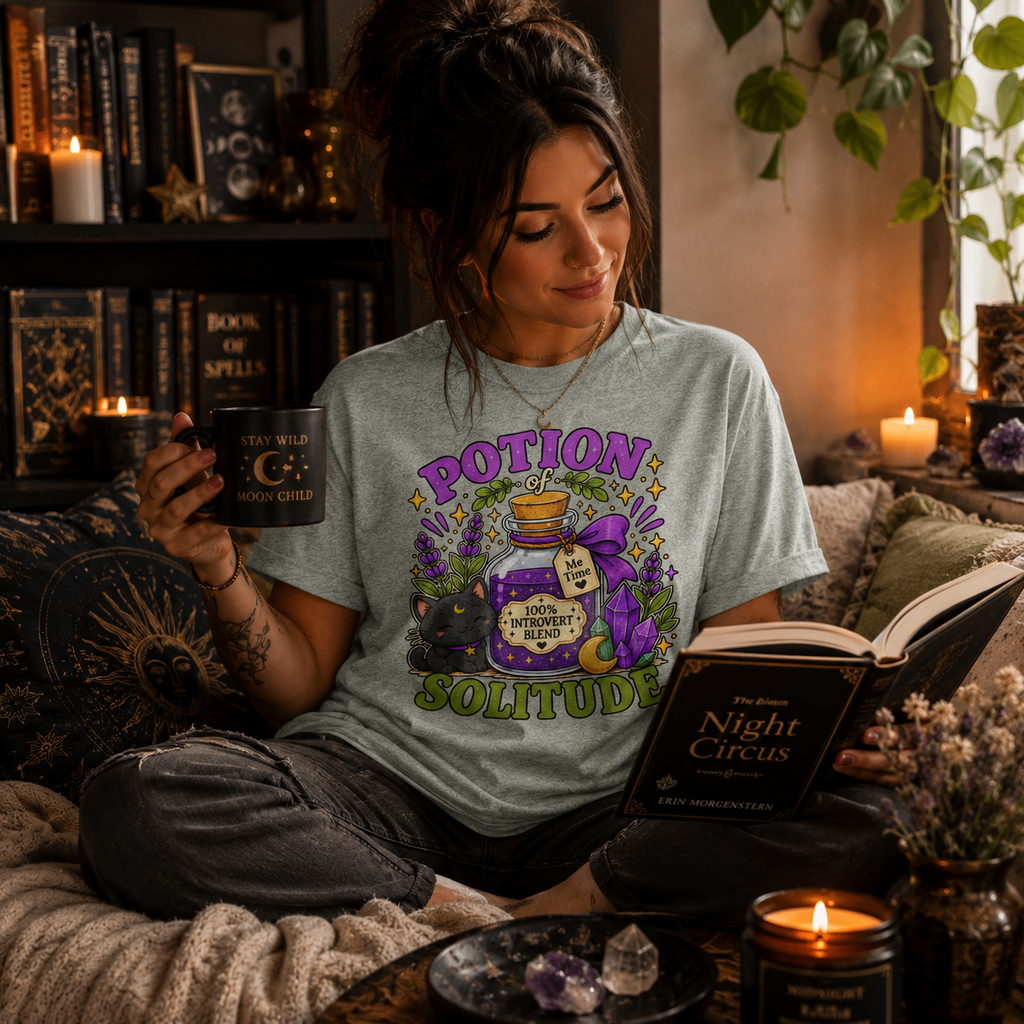A woman wearing an athletic heather Potion Of Solitude cute witchy graphic t-shirt drinking coffee.