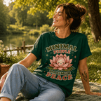A woman wearing an evergreen Minimal People cute plant graphic t-shirt enjoying the outdoors.