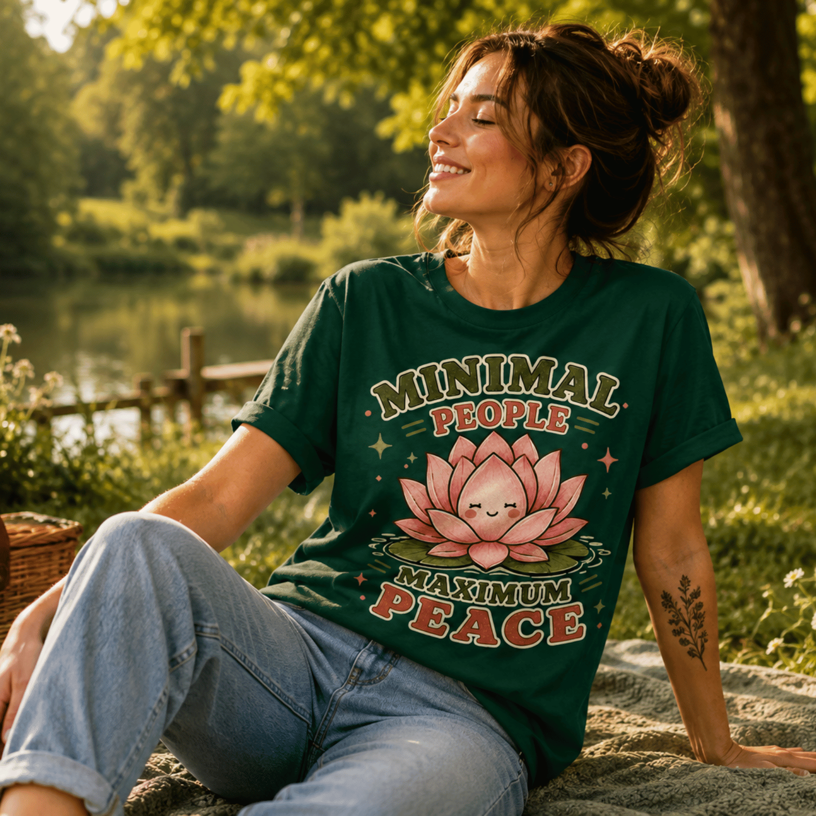 A woman wearing an evergreen Minimal People cute plant graphic t-shirt enjoying the outdoors.