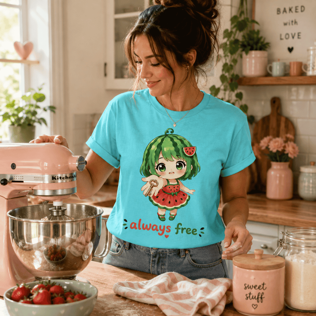 Woman in cute kitchen with pink accessories wearing Always Free graphic t-shirt in aqua.