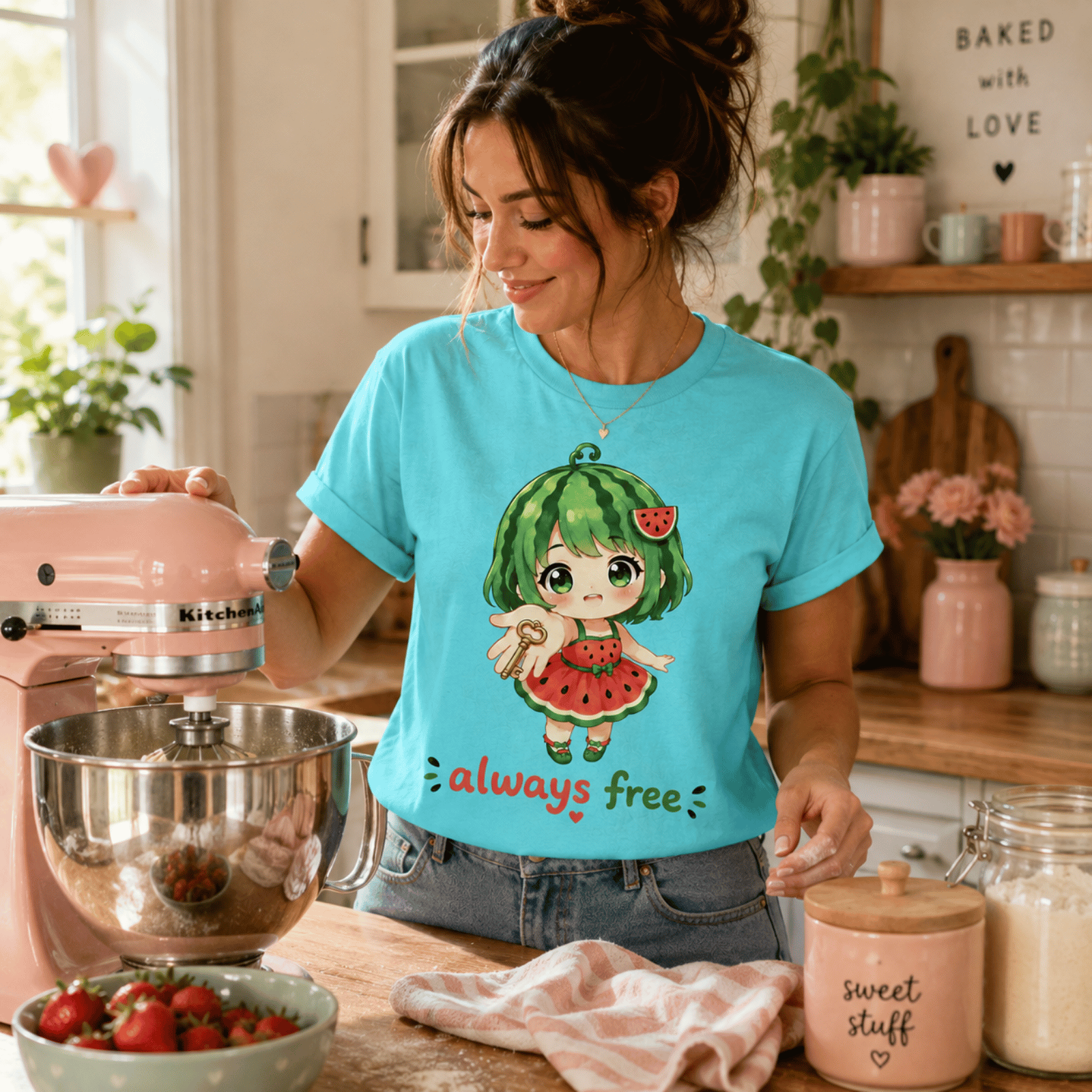Woman in cute kitchen with pink accessories wearing Always Free graphic t-shirt in aqua.