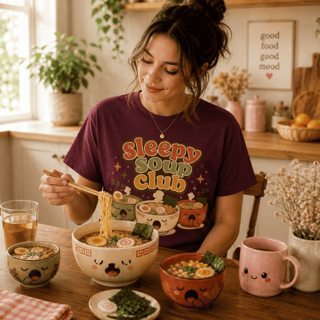 Woman wearing a Sleepy Soup Club graphic t-shirt in maroon sitting at a kitchen table with a large bowl of pho.