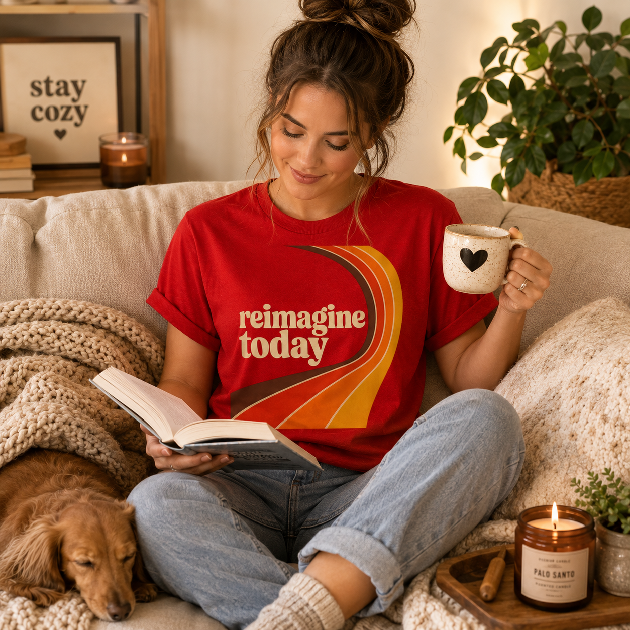 A woman wearing a red Reimagine Today inspirational introvert graphic t-shirt drinking coffee.