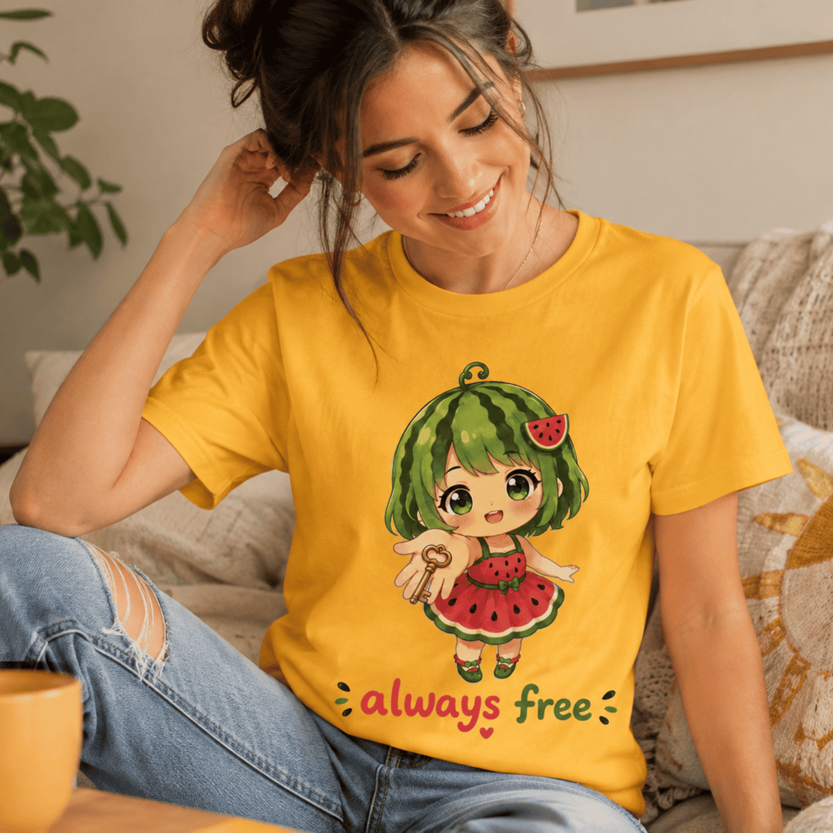 A woman wearing a gold Always Free cute food graphic t-shirt.