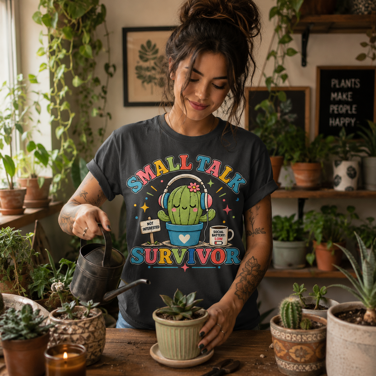 A woman wearing a asphalt Small Talk Survivor cute cactus graphic t-shirt watering cactus.