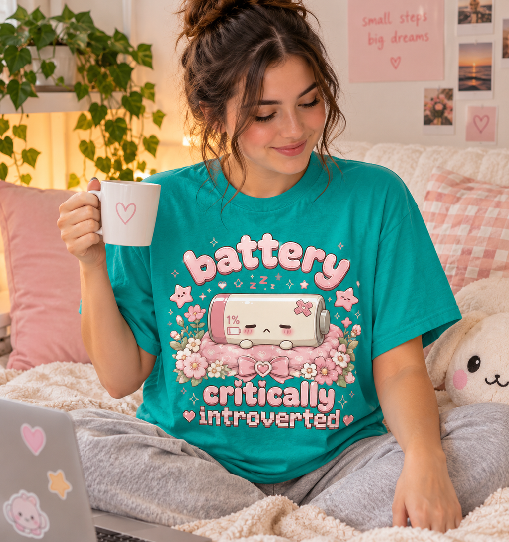 A woman wearing a heather sea green Battery Critical funny introvert graphic t-shirt drinking coffee.