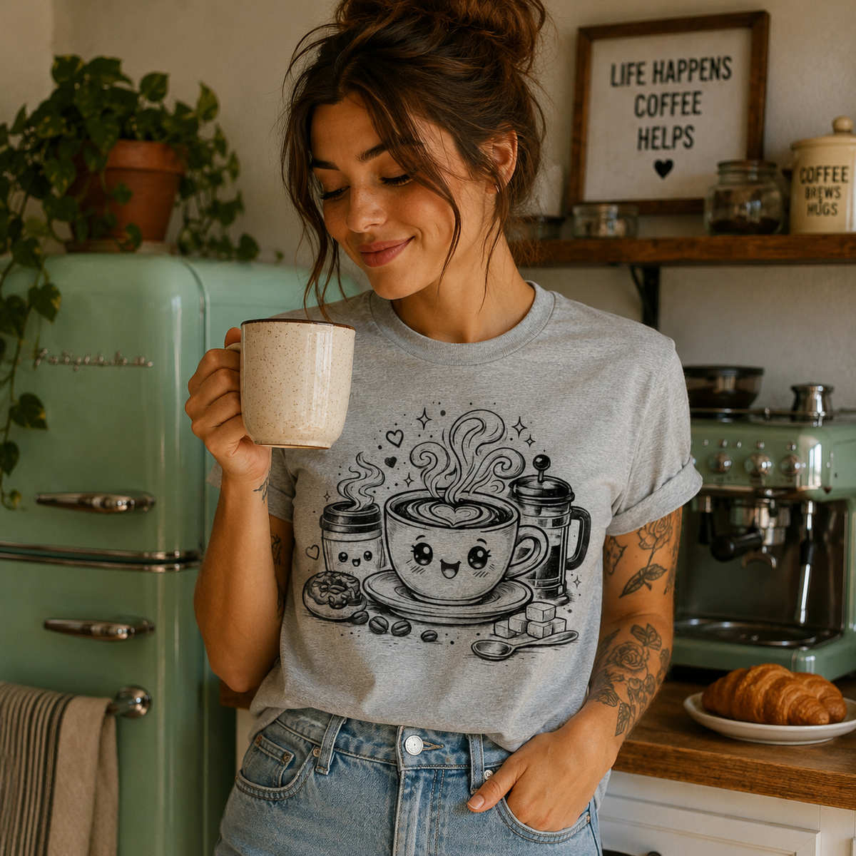 A woman wearing an athletic heather Happy Coffee cute kawaii graphic t-shirt drinking coffee in a retro kitchen.