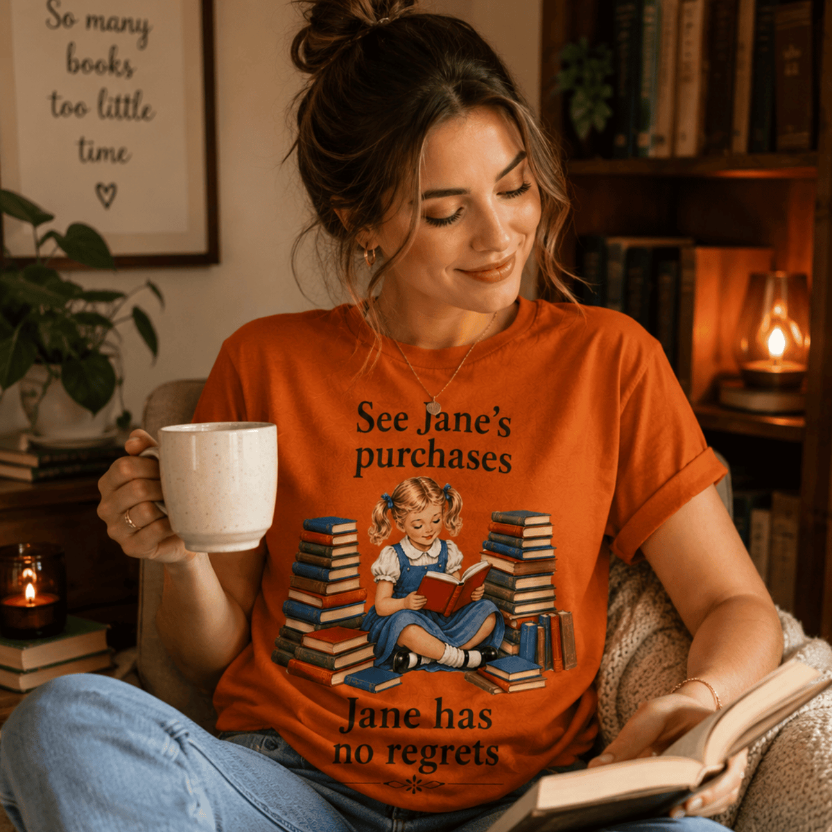 A woman wearing a burnt orange See Jane's Purchases vintage book graphic t-shirt reading a book in a cozy library.