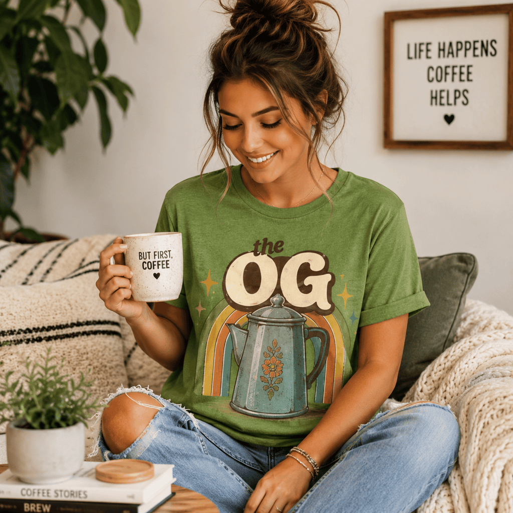 Woman wearing The OG graphic t-shirt in leaf sitting on couch, drinking coffee.