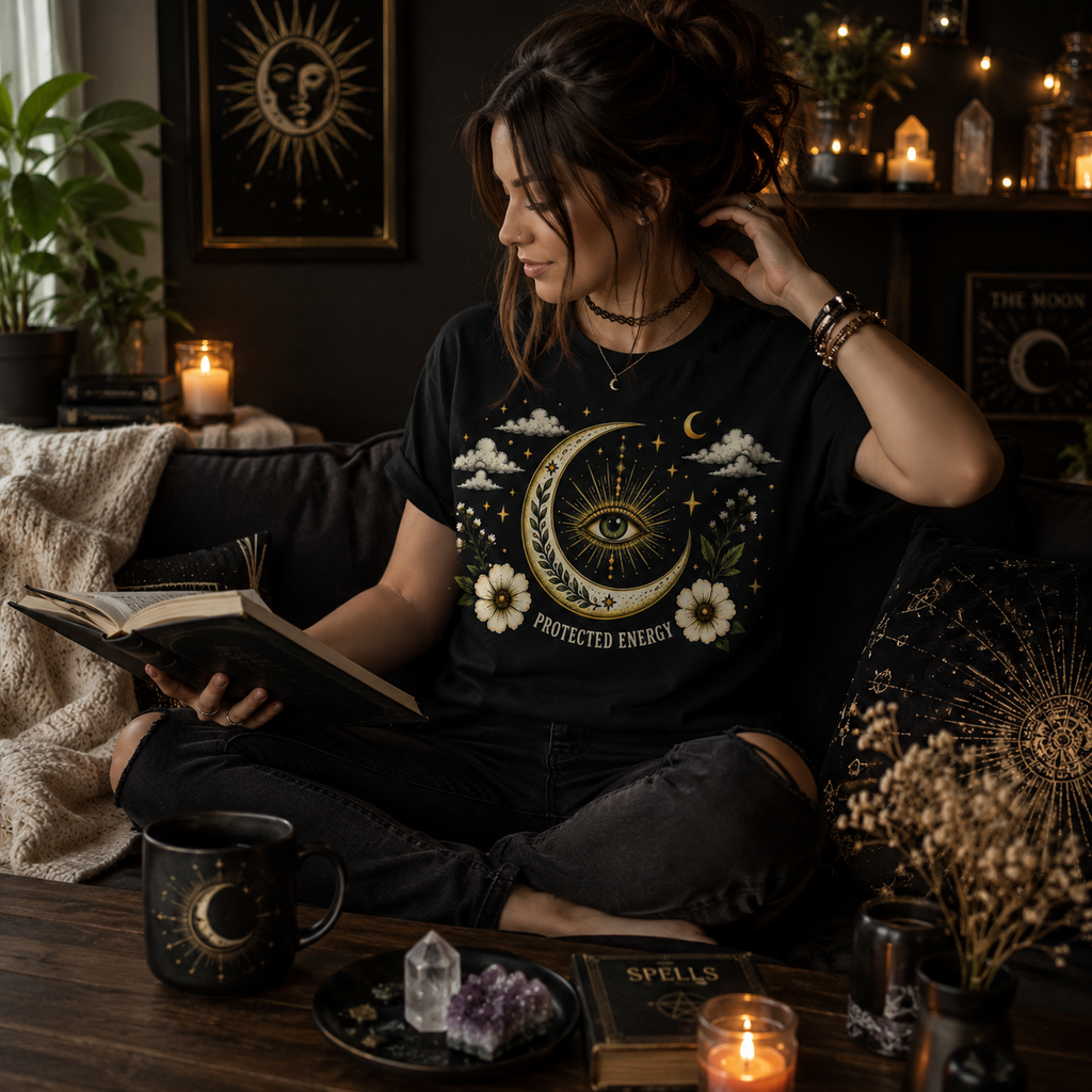 A woman wearing a vintage black Protected Energy celestial graphic t-shirt reading a book.