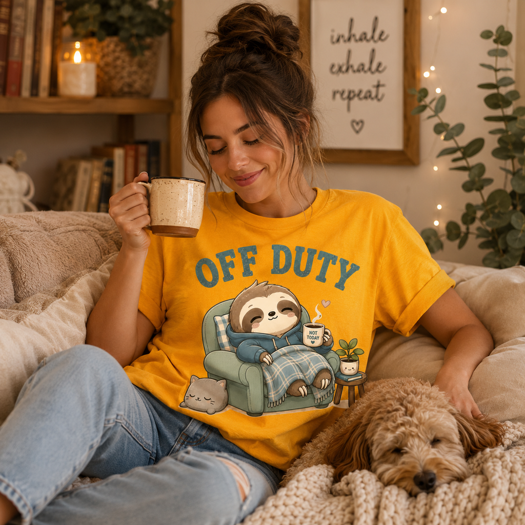 A woman wearing a gold Off Duty cute animal graphic t-shirt petting dog.