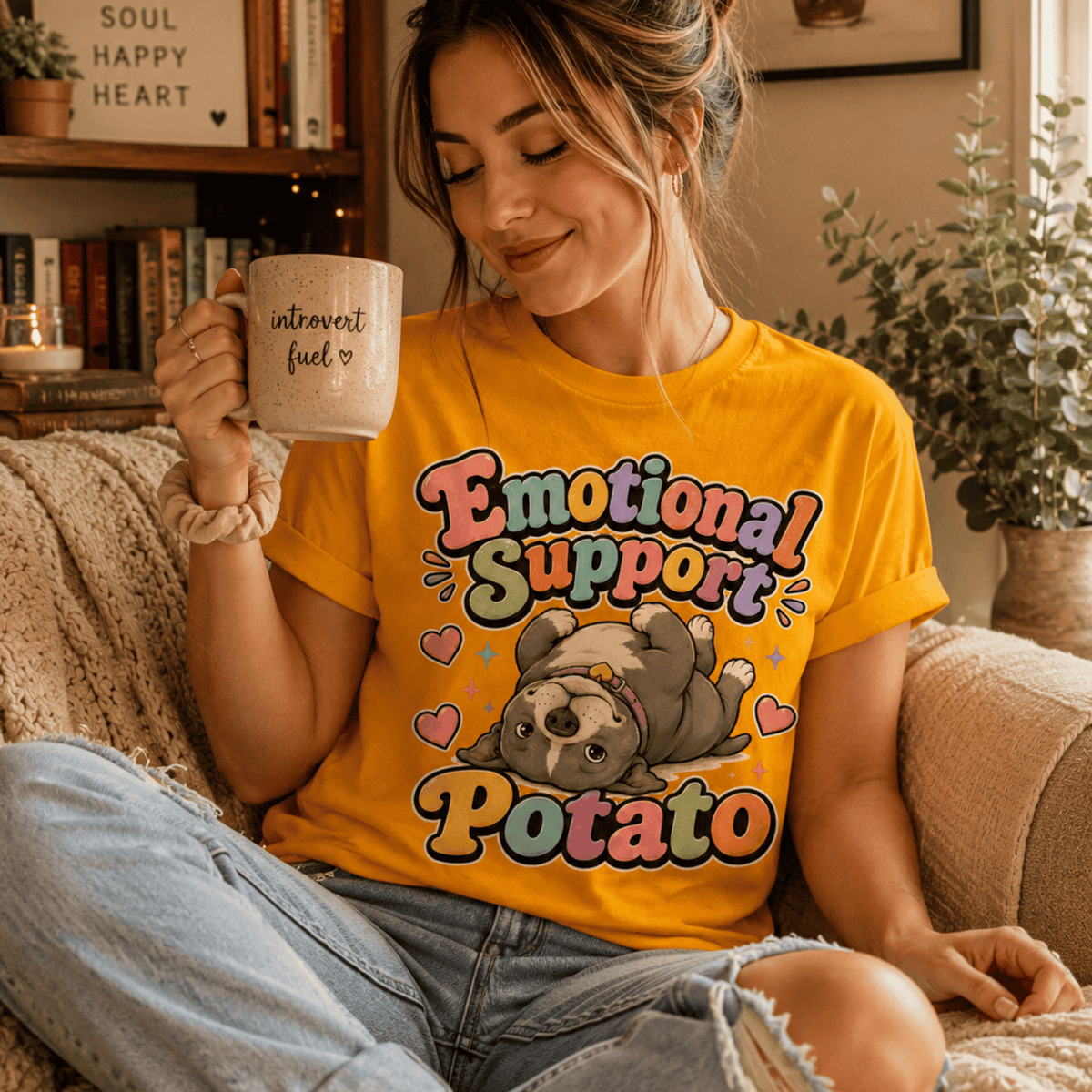 A woman wearing a gold Emotional Support Potato cute animal graphic t-shirt.