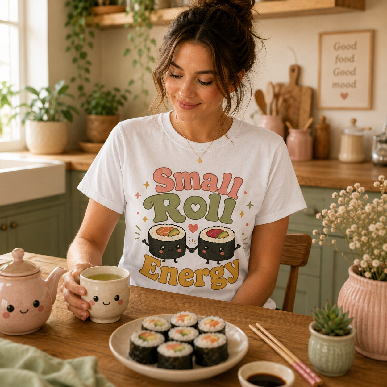 Woman wearing Small Roll Energy graphic t-shirt in white sitting kitchen table with sushi in front of her.