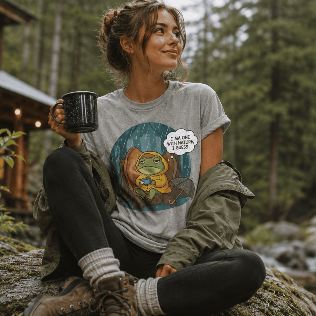 A woman wearing an athletic heather One With Nature funny  graphic t-shirt drinking coffee white in the woods.