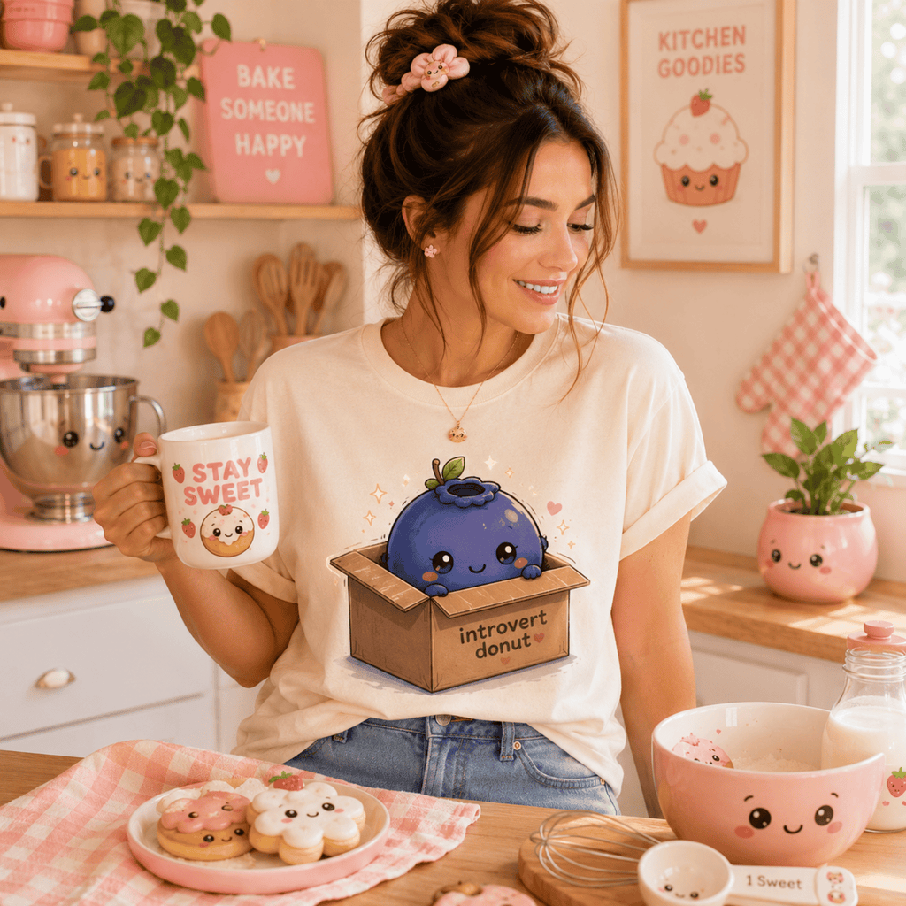 Woman in kawaii pink kitchen wearing a blueberry box graphic t-shirt in natural.