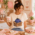 Woman in kawaii pink kitchen wearing a blueberry box graphic t-shirt in natural.