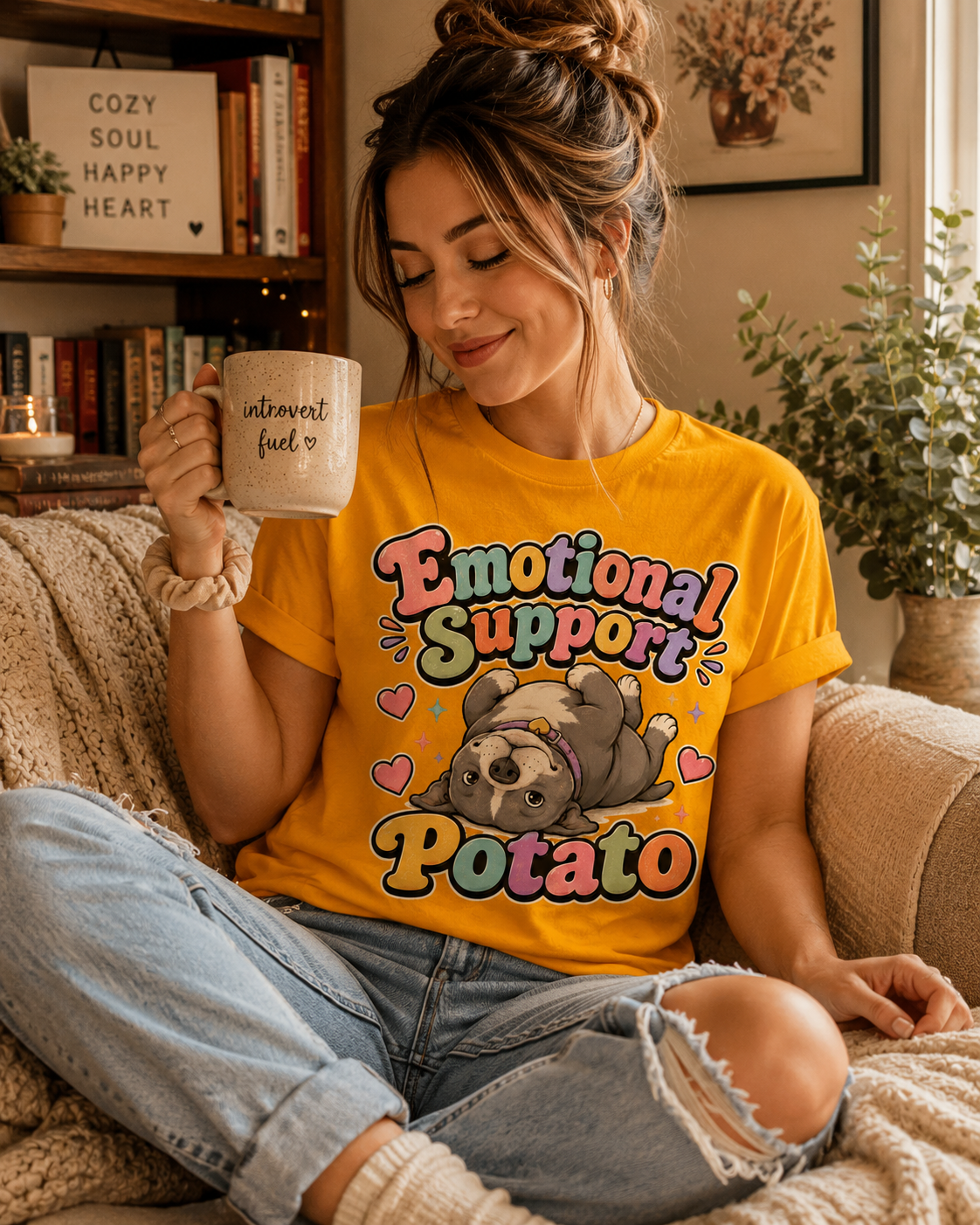 A woman wearing a gold Emotional Support Potato graphic t-shirt drinking coffee.
