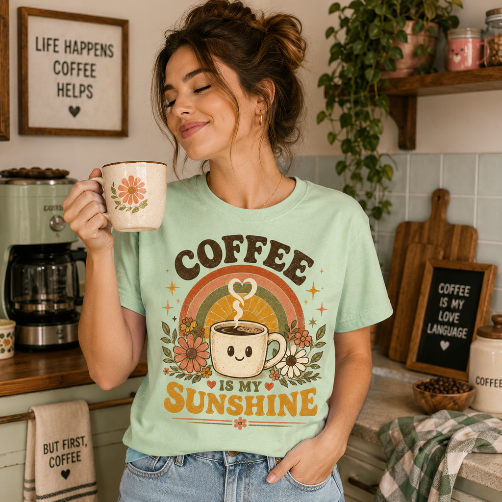 Woman in mint Coffee Is My Sunshine coffee graphic t-shirt drinking coffee in kitchen.