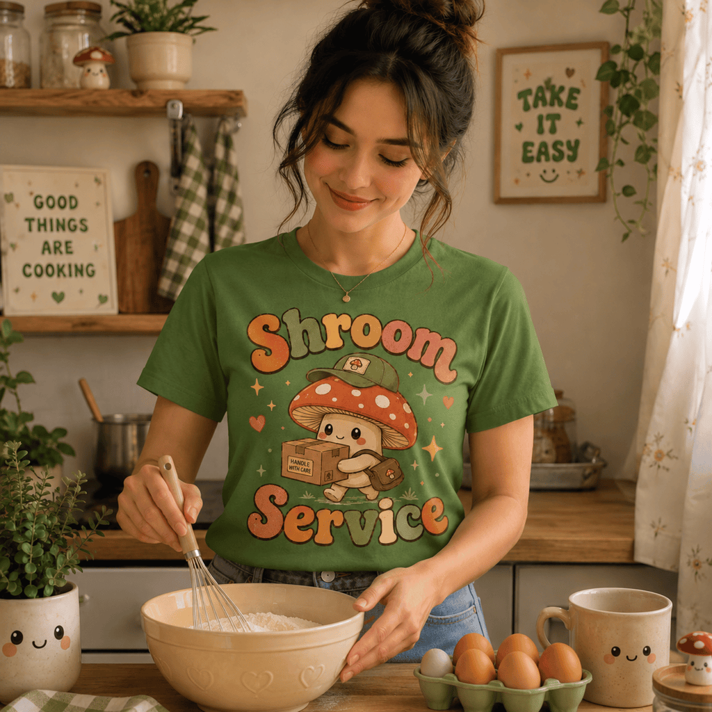Woman wearing Shroom Service graphic t-shirt in leaf, stirring a baking bowl in kitchen.