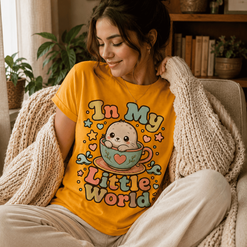 A woman wearing a gold In My Little World cute animal graphic t-shirt while relaxing in living room.