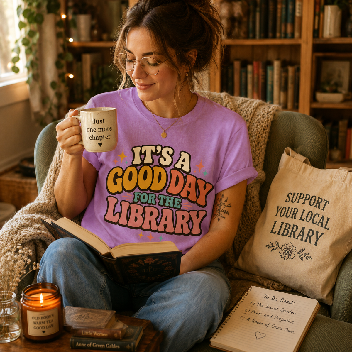 A woman wearing a lilac It's A Good Day book lovers graphic t-shirt reading a book.
