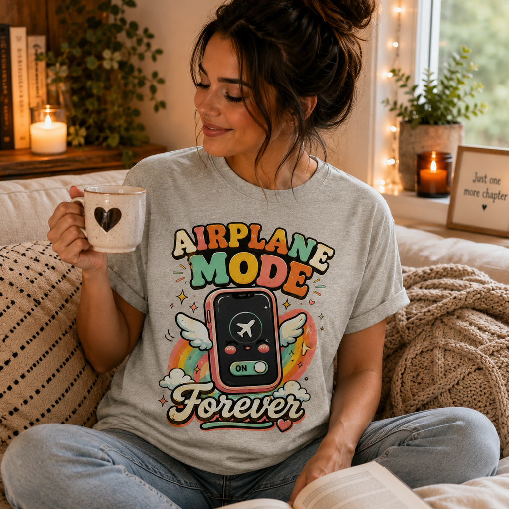 A woman wearing an athletic heather Airplane Mode funny introvert graphic t-shirt drinking coffee.