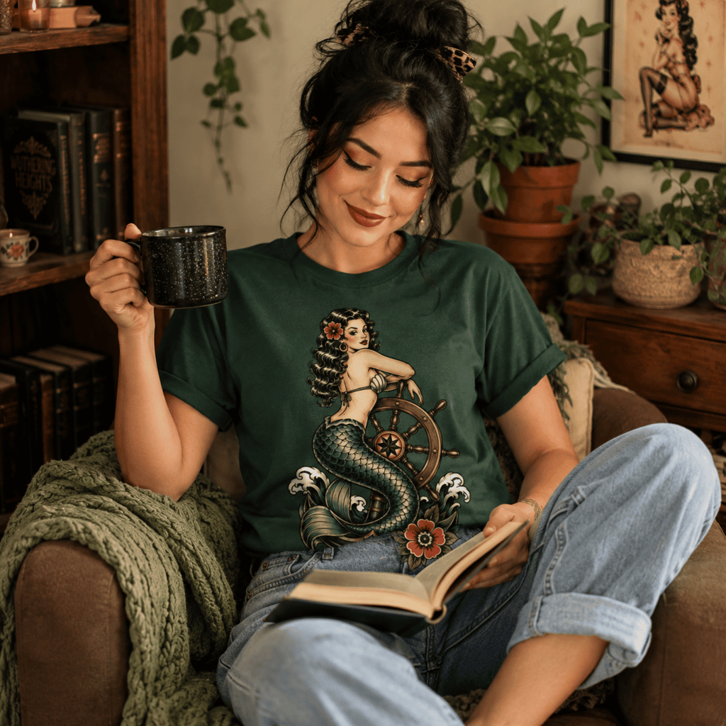 Ship Wheel Mermaid | Vintage Mermaid Pinup Graphic T-Shirt