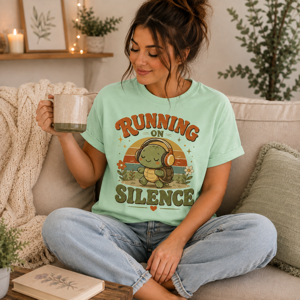 A woman wearing a mint Running On Silence cute animal graphic t-shirt drinking coffee.