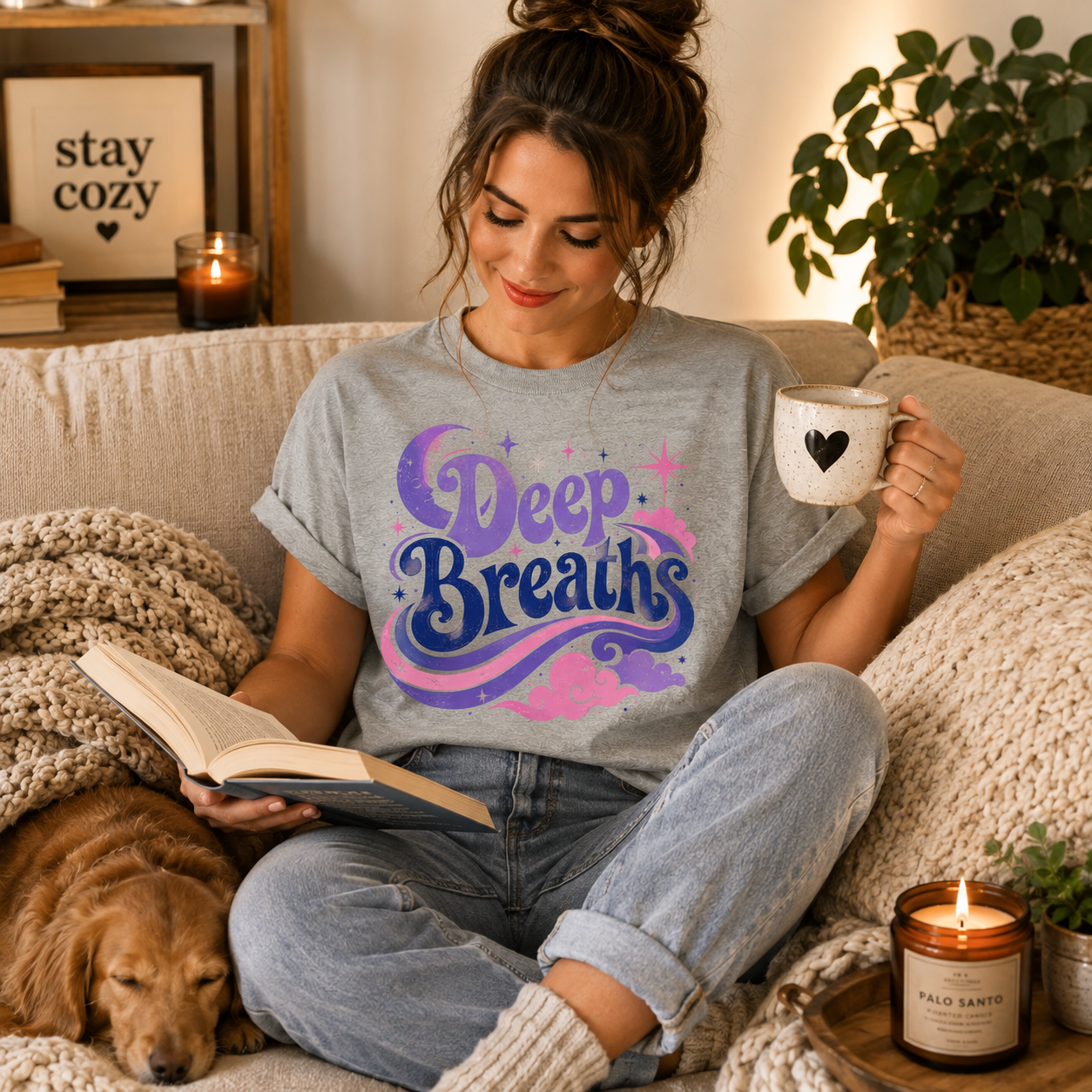 A woman wearing an athletic heather Deep Breaths inspirational introvert graphic t-shirt drinking coffee.