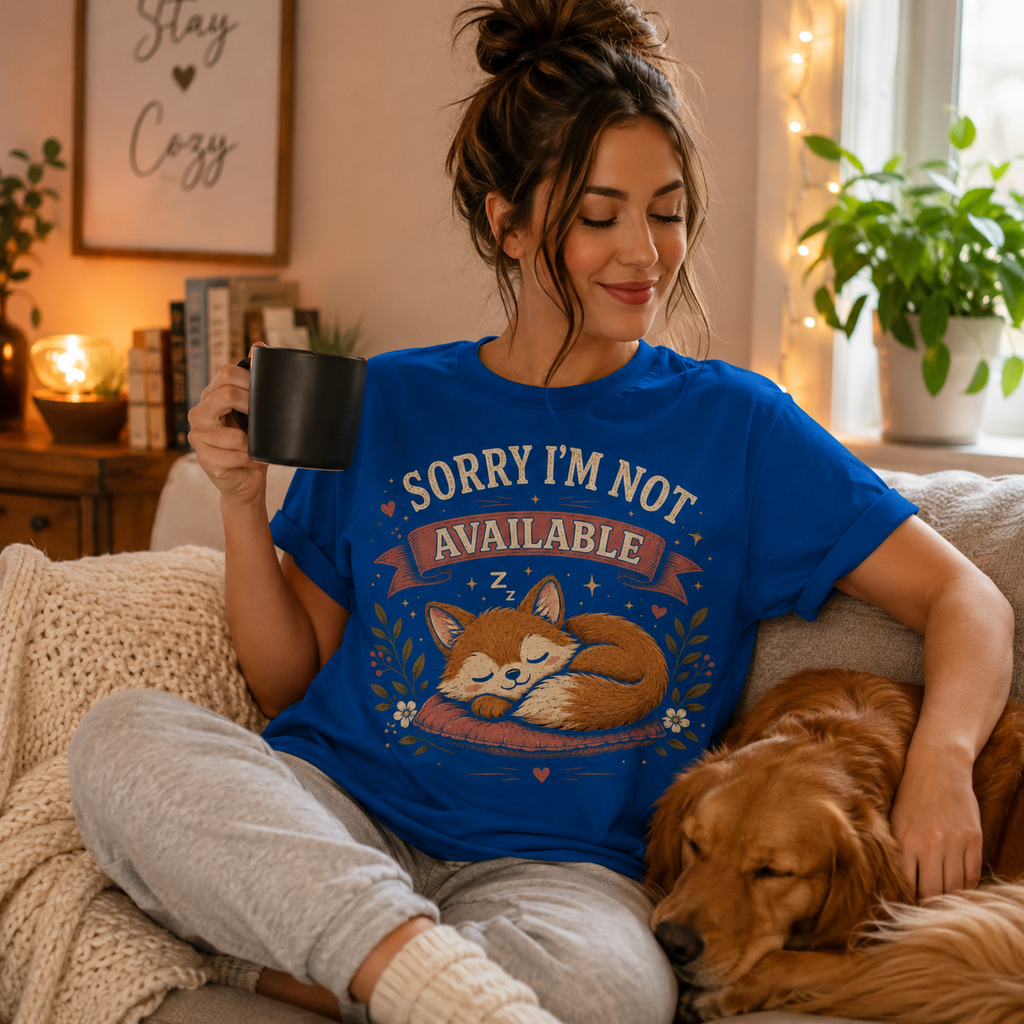 A woman wearing a true royal Not Available cute animal graphic t-shirt drinking coffee.