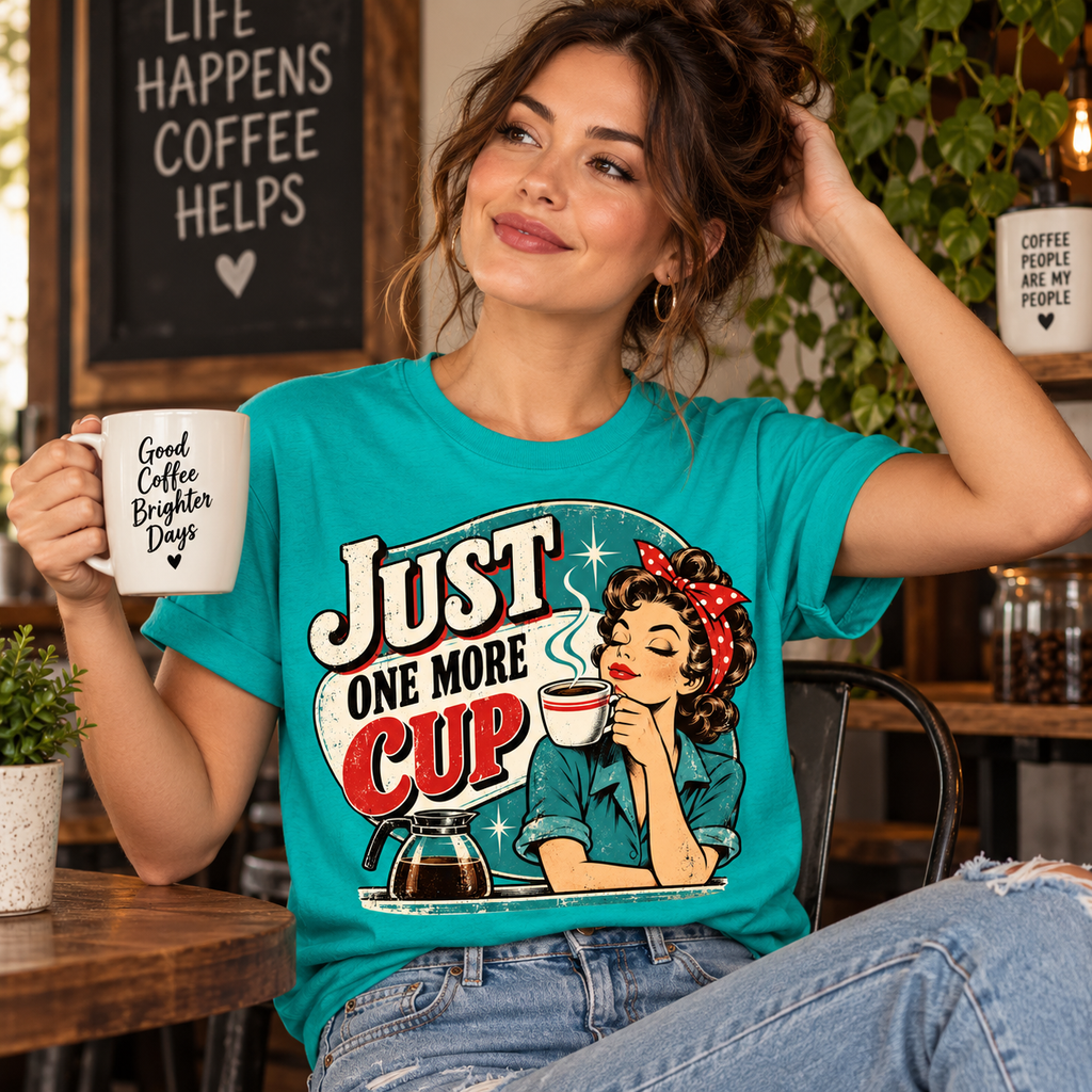 A woman wearing a heather sea green Just One More retro coffee graphic t-shirt.