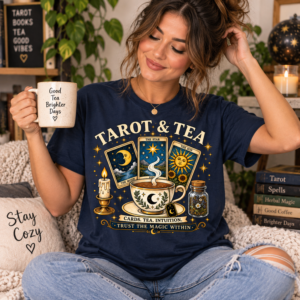 A woman wearing a navy Tarot & Tea tarot card graphic t-shirt.