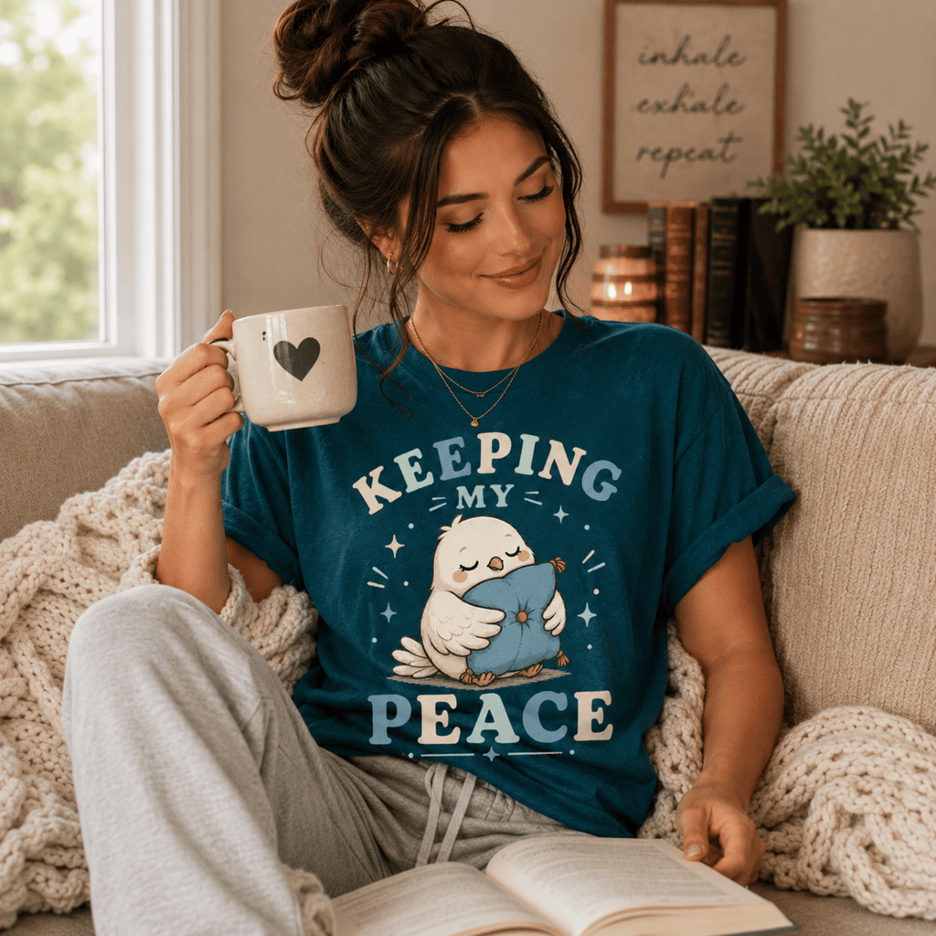 A woman wearing a deep teal Keeping My Peace cute animal graphic t-shirt reading a book.