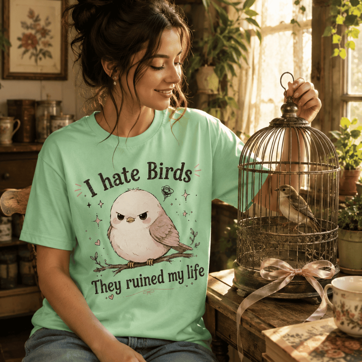 A woman wearing a mint I Hate Birds cute animal graphic t-shirt.
