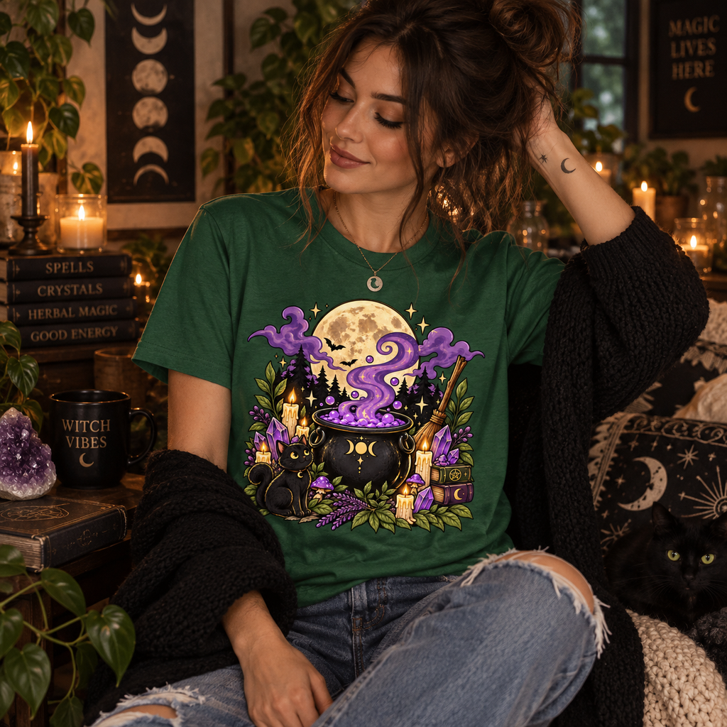 A woman wearing an evergreen The Cauldron cute celestial graphic t-shirt.