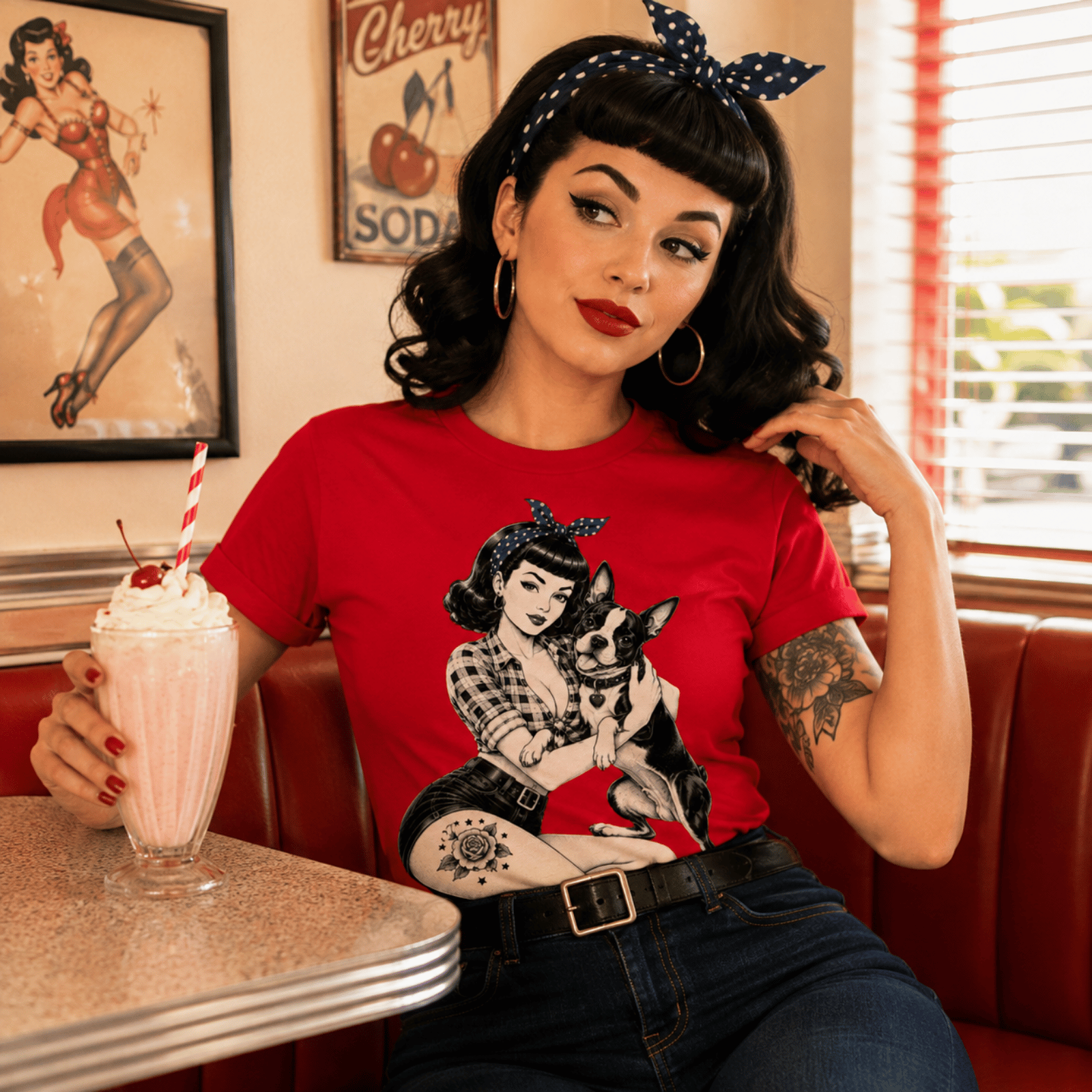 Woman wearing Boston Love pinup graphic t-shirt enjoying a milkshake at a diner.