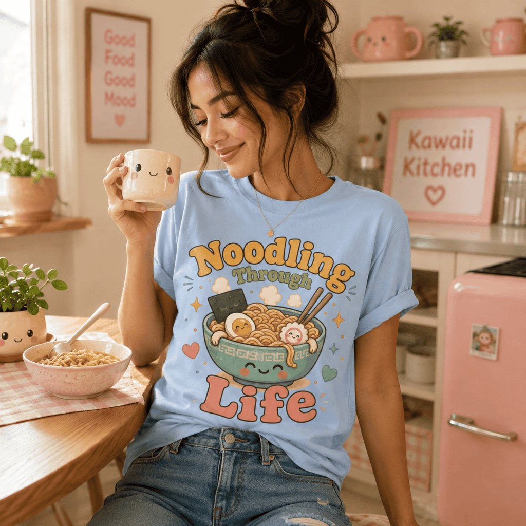 Woman wearing Noodling Through Life graphic t-shirt in baby blue sitting at a kitchen table with a bowl of noodles.