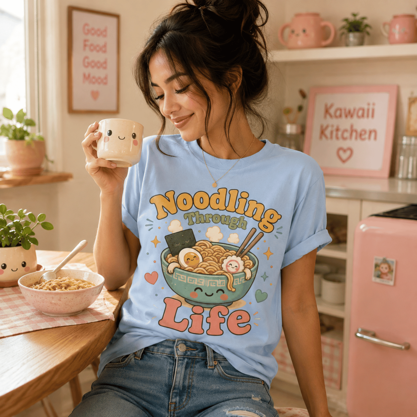Woman wearing Noodling Through Life graphic t-shirt in baby blue sitting at a kitchen table with a bowl of noodles.