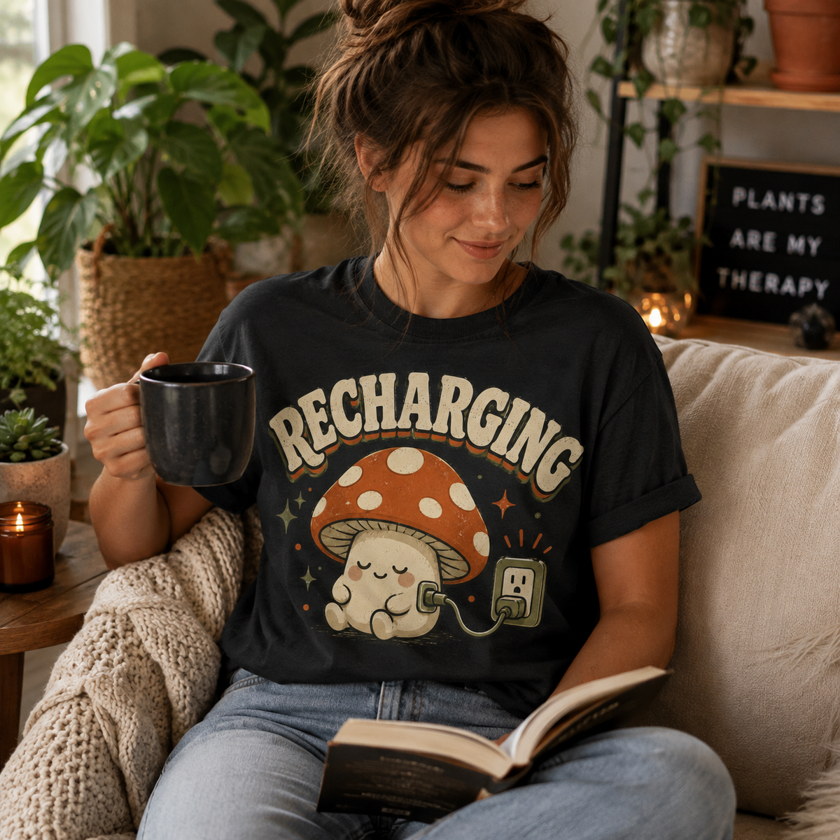 A woman wearing an vintage black Recharging Mushroom cute cottagecore graphic t-shirt reading a book.