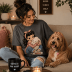 Woman in living room wearing Bunny Bonnie graphic t-shirt and petting her dog.