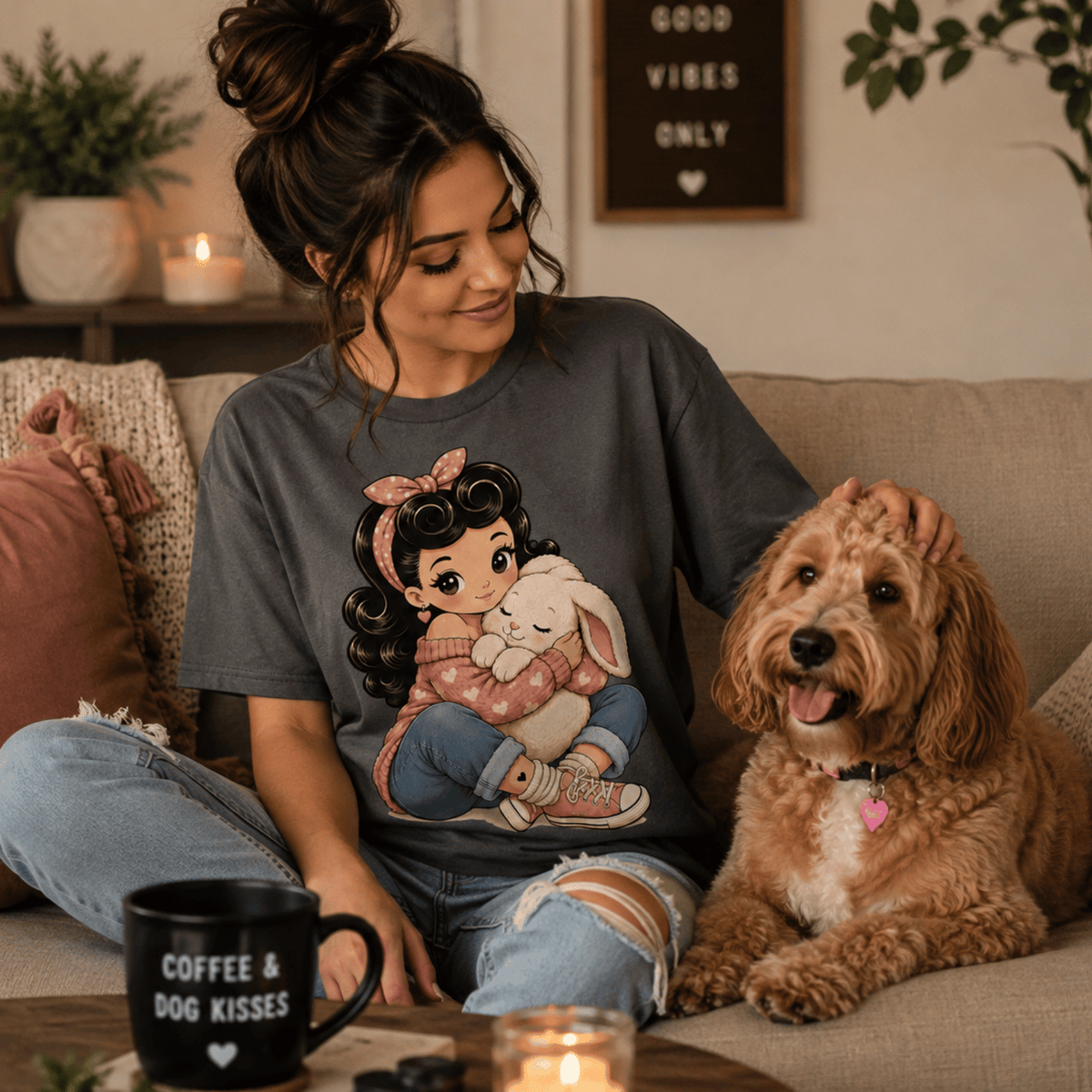 Woman in living room wearing Bunny Bonnie graphic t-shirt and petting her dog.