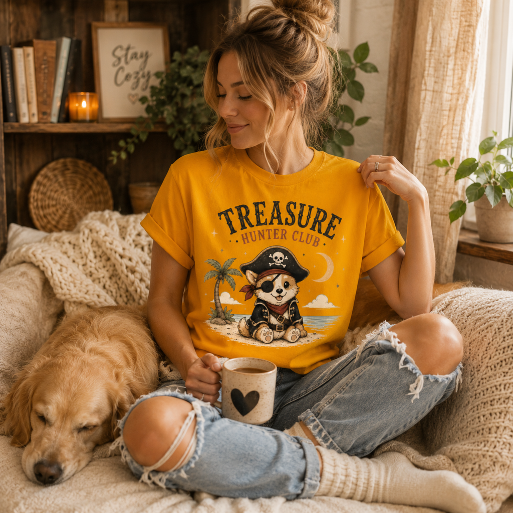 A woman wearing a gold Treasure Hunter Club cute animal graphic t-shirt drinking coffee.